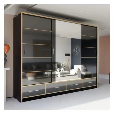 (253cm, Black) MN FURNITURE Sydney HighGloss Sliding Wardrobe