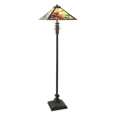 1.6m Tiffany Twin Floor Lamp Matt Black & Flowers Stained Glass Shade i00019