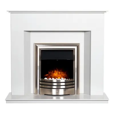 Adam Alora Crystal White Marble Fireplace with Astralis 6-in-1 Chrome Electric Fire, Inch