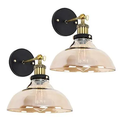 Pair of Black/Gold Wall Light Fittings with Amber Tinted Glass Shade