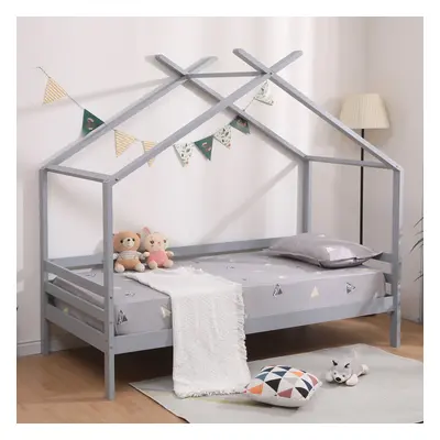 (Grey No Trundle, No Mattress) Teddy Kids Wooden House Treehouse Single Bed & Optional Trundle -