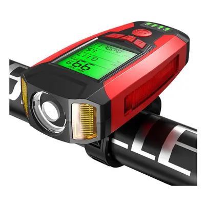 (Red) 3-in-1 300LM COB Bike Headlight LCD Screen 5-Modes Bicycle Lamp 130dB Bike Horn Outdoor Cy