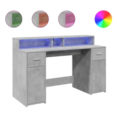 vidaXL Desk with LED Lights Study Working Table Concrete Grey Engineered Wood