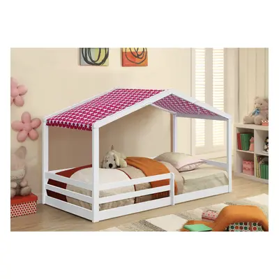 (With Tanya Mattress, With Red Tent) 3ft White Wooden House Bed With Tent And Mattress Options