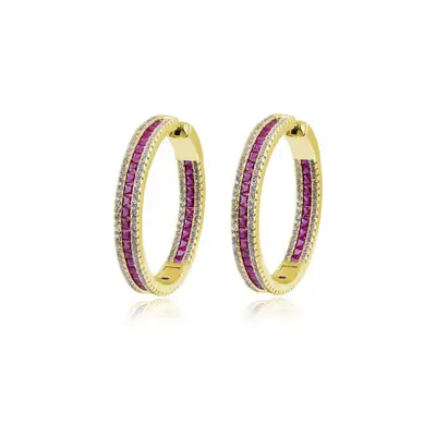 Jewelco London Gold-Plated Silver Red Princess CZ Inside Out Channel Set Eternity Hoop Earrings 