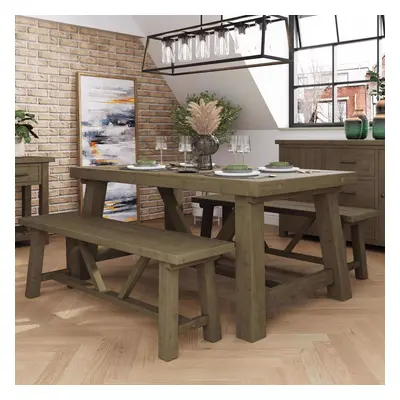 FWStyle Dining Table & Benches + Leaf Extender Set Solid Pine 160cm