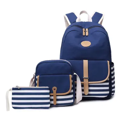 (Deep Blue) 3Pcs/Set Canvas Backpack Rucksack School Bag Waterproof Shoulder Bag Outdoor Travel