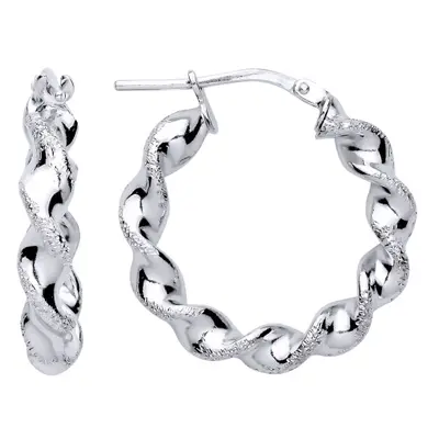 Jewelco London Ladies Rhodium Plated Sterling Silver Frosted Satin Chunky Twist Hoop Earrings - 