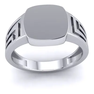 (Y) Jewelco London Mens Platinum Plated Sterling Silver Greek Key Square Cushion Signet Ring - G