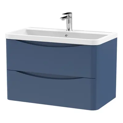 Wall Hung Drawer Vanity Basin Unit with Polymarble Basin, 800mm - Satin Blue