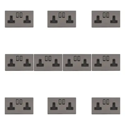 10 PACK Gang DP 13A Switched UK Plug Socket SCREWLESS BLACK NICKEL Wall Power