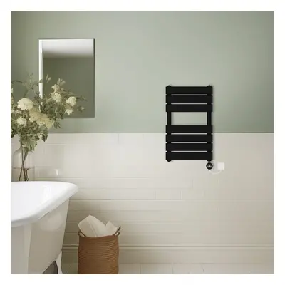 (Black, 650x400mm) Prefilled Thermostatic Electric Flat Panel Heated Towel Rail Ladder Warmer Ra