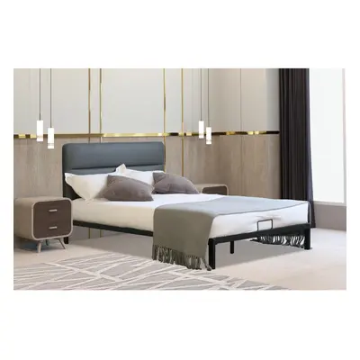 (Grey, Charlotte Mattress) Metal Bedframe with Faux Leather Headboard