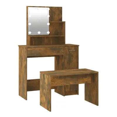 vidaXL Dressing Table Set with LED Smoked Oak Engineered Wood Makeup Table