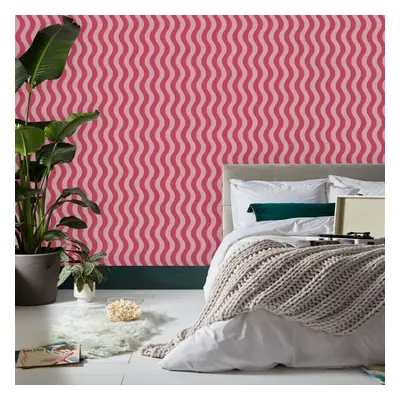 Envy Making Waves Raspberry & Tangerine Pink Stripe Wallpaper