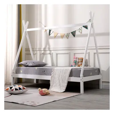 (White No Trundle, No Mattress) Harry Teepee Tent Kids Single Wooden Bed Frame