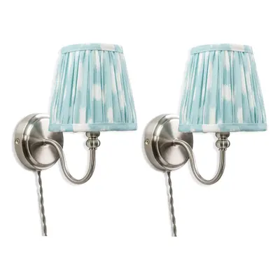 Pair of Plug in Antique Brass Blue Pleated Tapered Shade Easyfit Wall Lamp