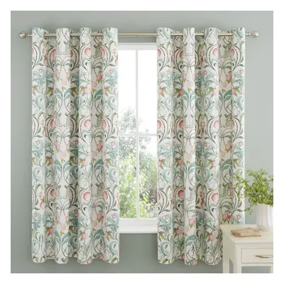 Catherine Lansfield Clarence Floral Print Easy Care Lined Eyelet Curtains, Natural/Green, x Inch