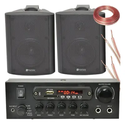 2x Black Bluetooth Wall Speaker System 110W Bar Restaurant Wireless Amp HiFi Kit