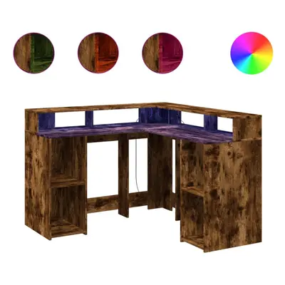 vidaXL Desk with LED Lights Writing Working Table Smoked Oak Engineered Wood