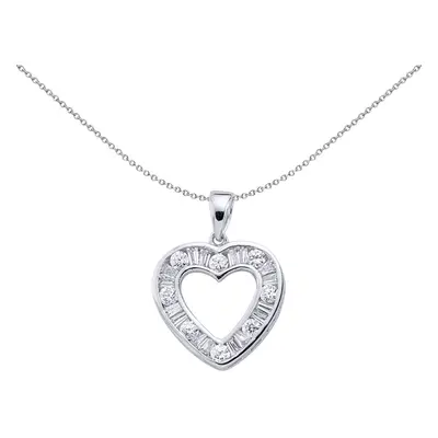 Jewelco London Ladies Sterling Silver Baguette Cubic Zirconia Love Heart Pendant Necklace inch -