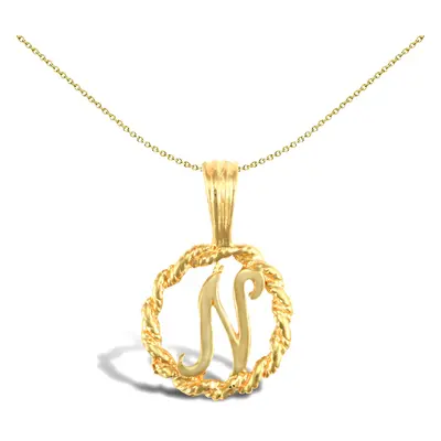 Jewelco London Solid 9ct Yellow Gold Rope Identity Initial Charm Pendant Letter N - JIN001-N