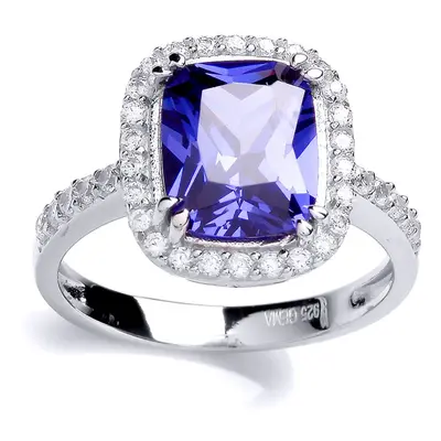 (L) Jewelco London Ladies Rhodium Sterling Silver Purple Emerald Cut CZ Shoulder-Set Halo Solita