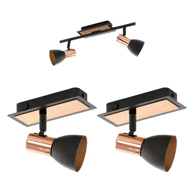 Twin Ceiling Spot Light & 2x Matching Wall Lights Black Copper Adjustable Shade