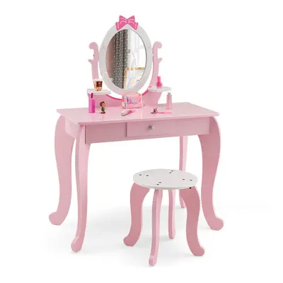 Kids Vanity Set 2-in-1 Kids Wooden Vanity Table with Stool Drawer