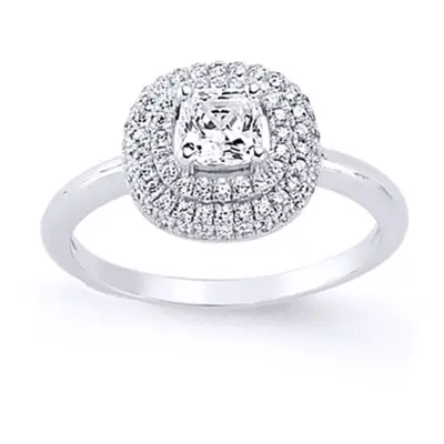 (P) Jewelco London Ladies Rhodium Plated Sterling Silver Asscher Cubic Zirconia Double Halo Soli