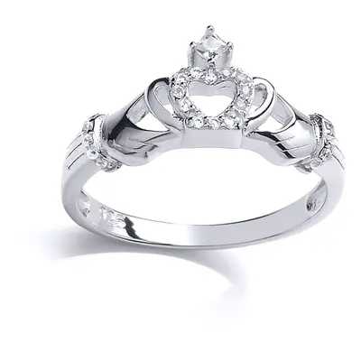 (O) Jewelco London Ladies Rhodium Plated Sterling Silver Cubic Zirconia Claddagh Dress Ring