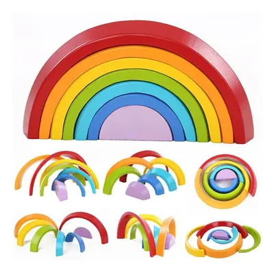 7 Colors Wooden Stacking Rainbow Shape Children Kids Educational Play Toy Set