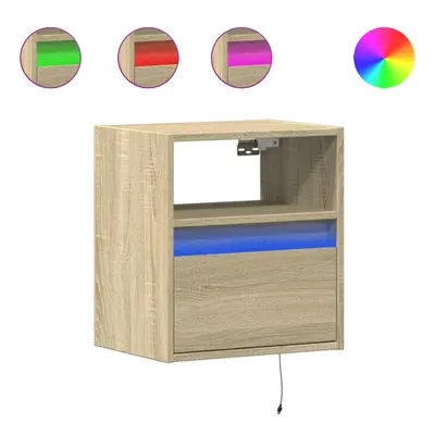 vidaXL Wall-mounted Bedside Cabinet with LED Lights Floating Shelf Sonoma Oak