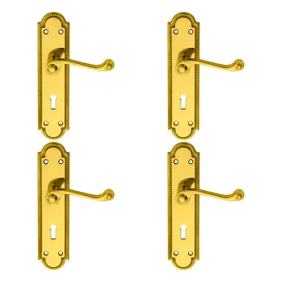 4x PAIR Reeded Scroll Handle on Shaped Lock Backplate x 49mm Polished Brass