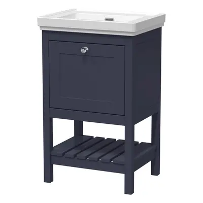 Traditional Furniture Floor Standing Drawer Vanity & Tap Hole Fireclay Basin, 500mm, Indigo Blue