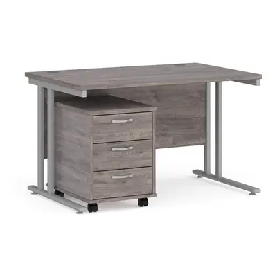 Mr Office Maestro straight desk - with silver cantilever frame and drawer pedestal, Beech