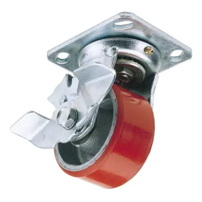 Swivel Plate Fixing Heavy Duty Polyurethane Wheel with Brake, 100mm Diameter, S.W.L. 250kg