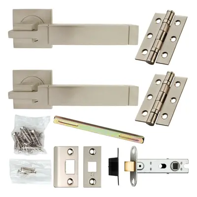 Door Handle & Latch Pack Satin Chrome Modern Cube Lever Screwless Square Rose