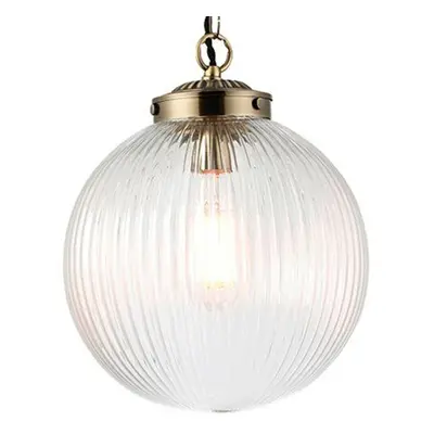 Hanging Ceiling Pendant Light BRASS & RIBBED GLASS Large Round Lamp Shade Holder