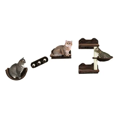 PawHut 4PCs Wall Mounted Cat Tree Cat Wall Shelves W/ Scratching Post Dark Brown