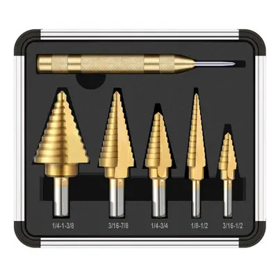 6Pcs HSS Titanium Coated Step Drill Bit With Center Punch Drill Set Hole Cutter Drilling Tool