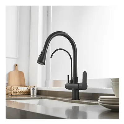 (Black) in Kitchen Pull Down Sprayer Rotating Hot and Cold Water Mixer Tap Direct Drinking Fauce