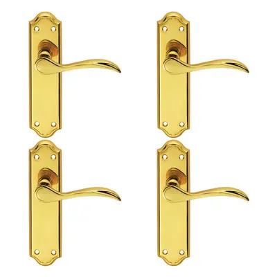 4x PAIR Curved Door Handle Lever on Latch Backplate x 45mm Polished Brass