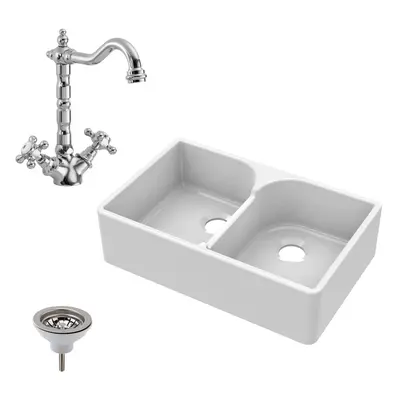 795mm - Double Bowl Fireclay Butler Kitchen Sink - Stepped Weir, Classic Tap & Waste