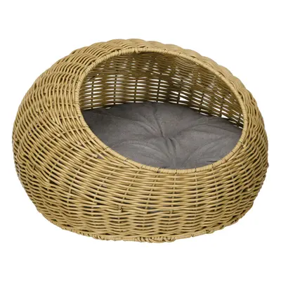 PawHut Wicker Cat House with Washable Cushion for Indoor Cats, Light Brown