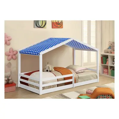 (No Mattress, With Blue Tent) 3ft White Wooden House Bed With Tent And Mattress Options