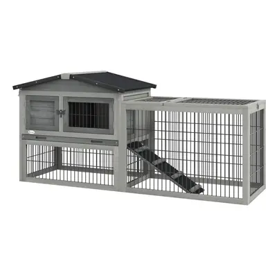 Pawhut Wooden Rabbit Hutch with Run, Asphalt Roof, Pull-Out Tray, Ramp, Grey