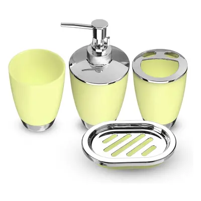 (Yellow) 4Pcs Plastic Bathroom Set Cup Toothbrush Holder Soap Dish Dispenser Bottle Washroom Acc