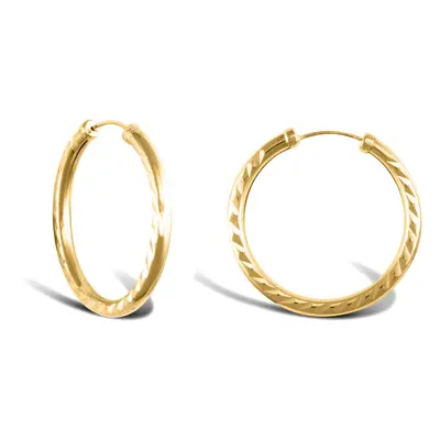 Jewelco London Ladies 9ct Yellow Gold Diamond Cut Capped Sleeper 2.5mm Hoop Earrings 25mm - JER7