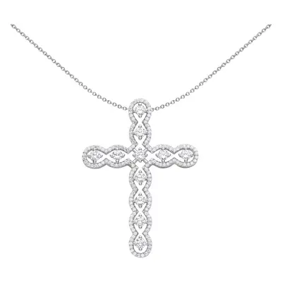 Jewelco London Unisex Rhodium Plated Sterling Silver CZ Scallop Edge Wavy Cross Pendant Necklace